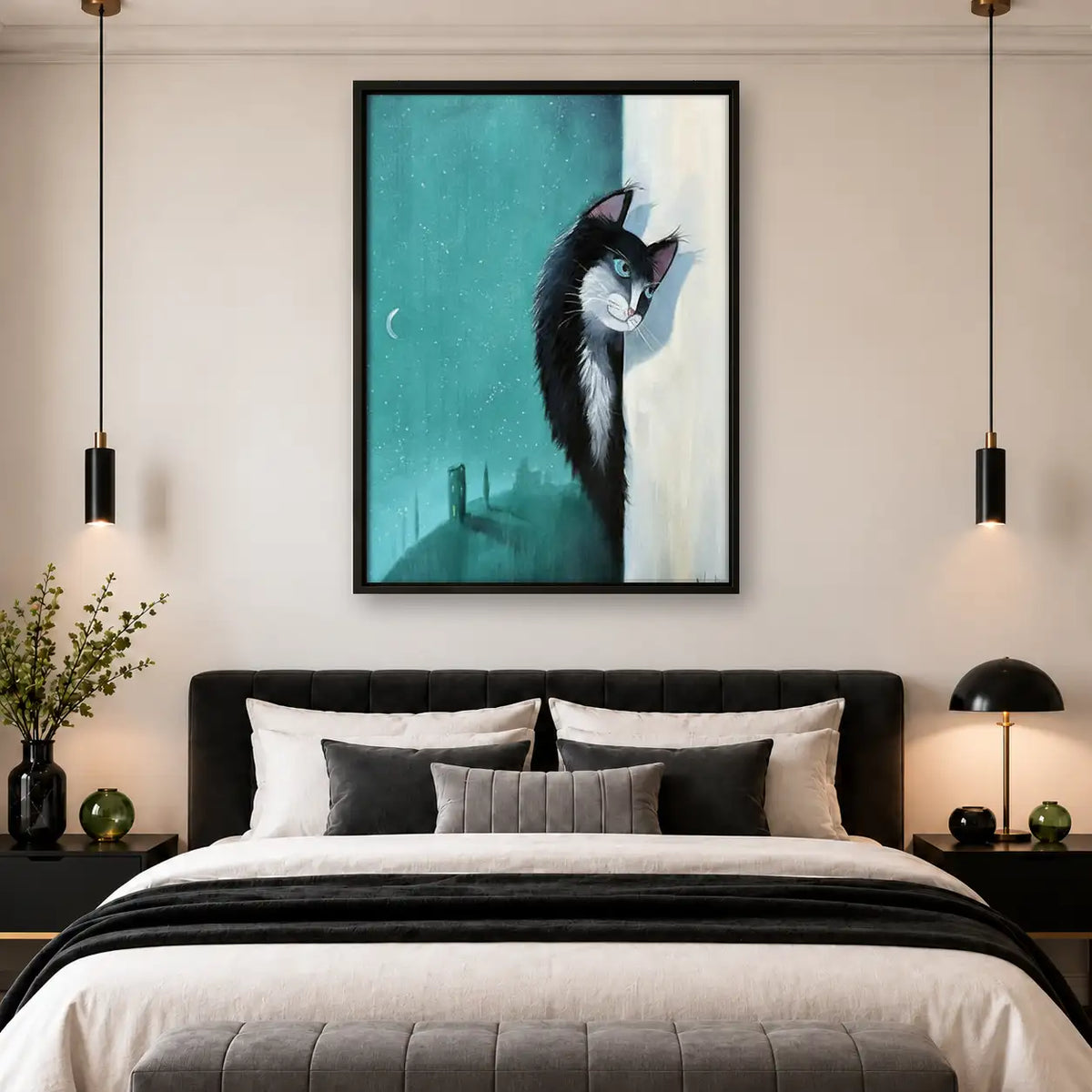 Black and White Cat at Blue Window Wall Art 4
