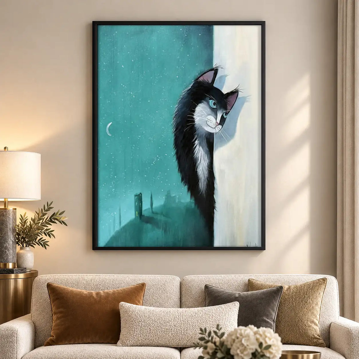 Black and White Cat at Blue Window Wall Art 5