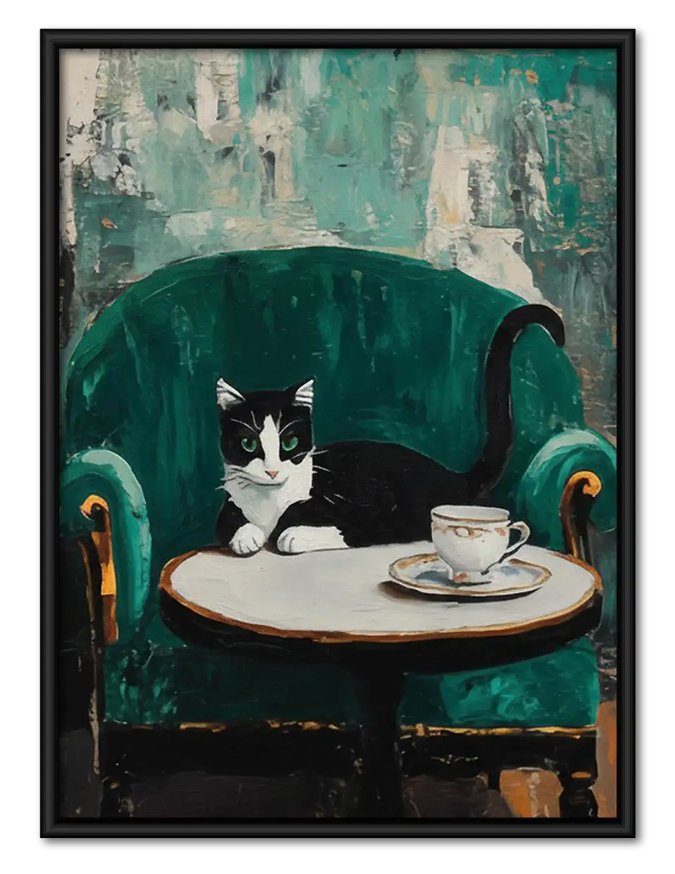 Black and White Cat at Cafe Table Wall Art 1