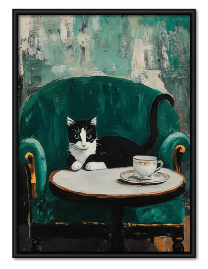 Black and White Cat at Cafe Table Wall Art