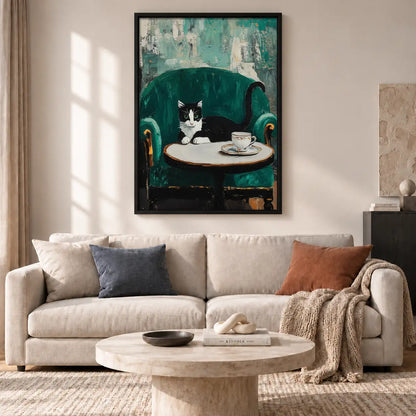 Black and White Cat at Cafe Table Wall Art 2