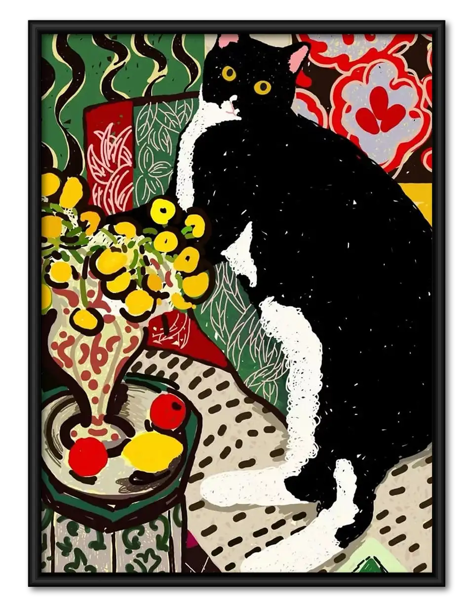 Black and White Cat at Colorful Table Wall Art 1