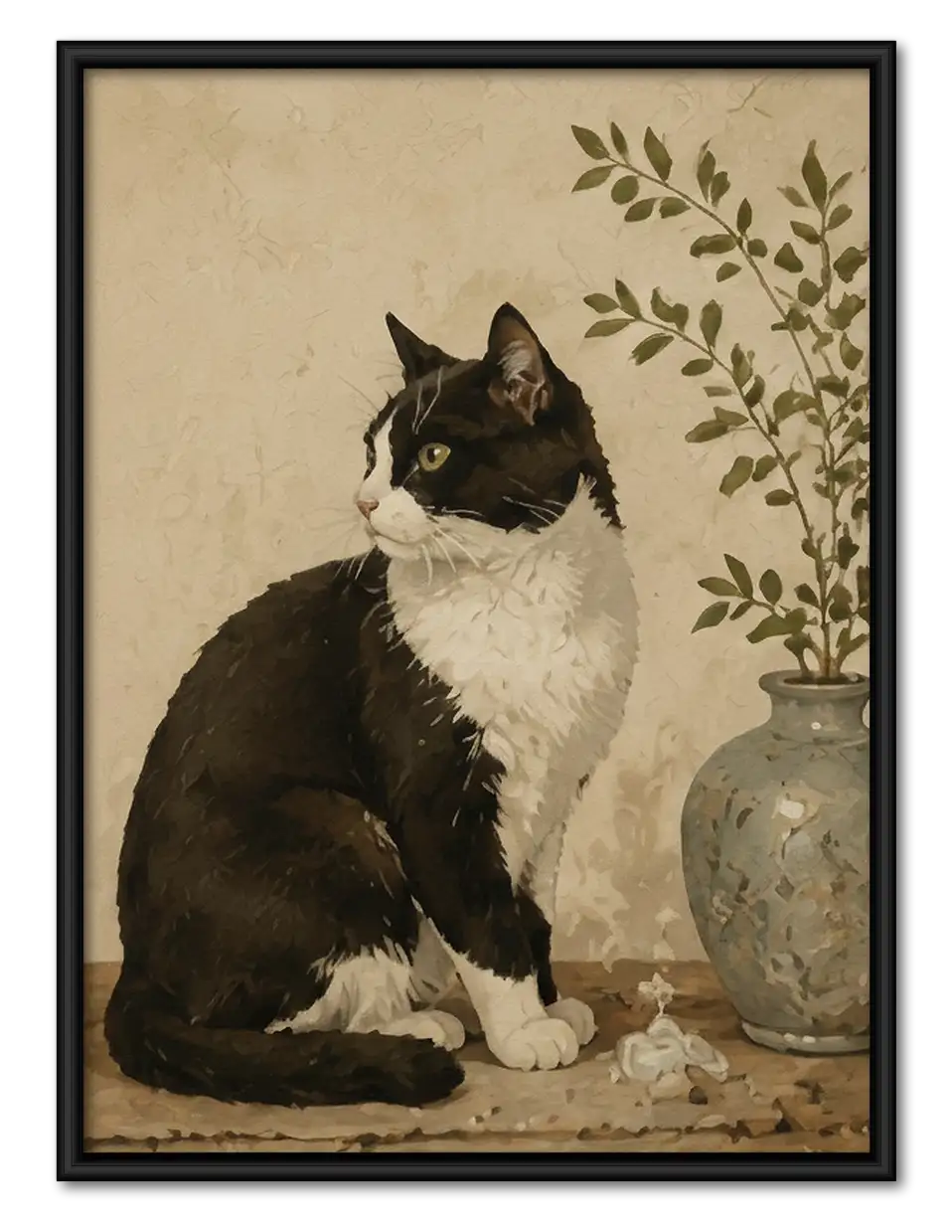 Black and White Cat Beside Vase Wall Art 1