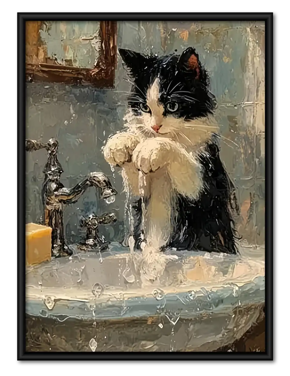 Black and White Cat in Ornate Bathroom Wall Art 1