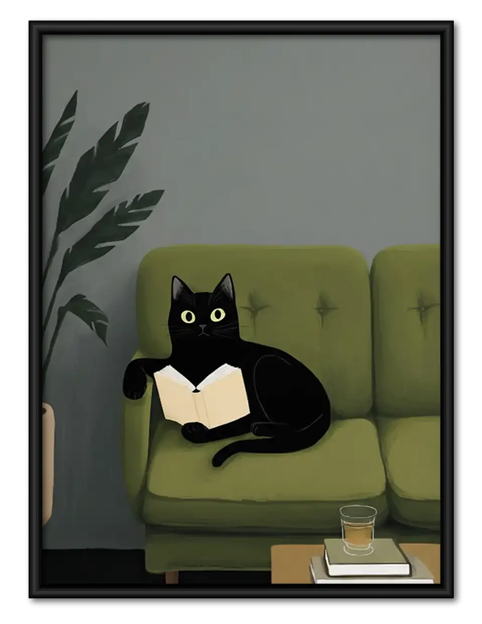 Black and White Cat on Green Sofa Wall Art 1