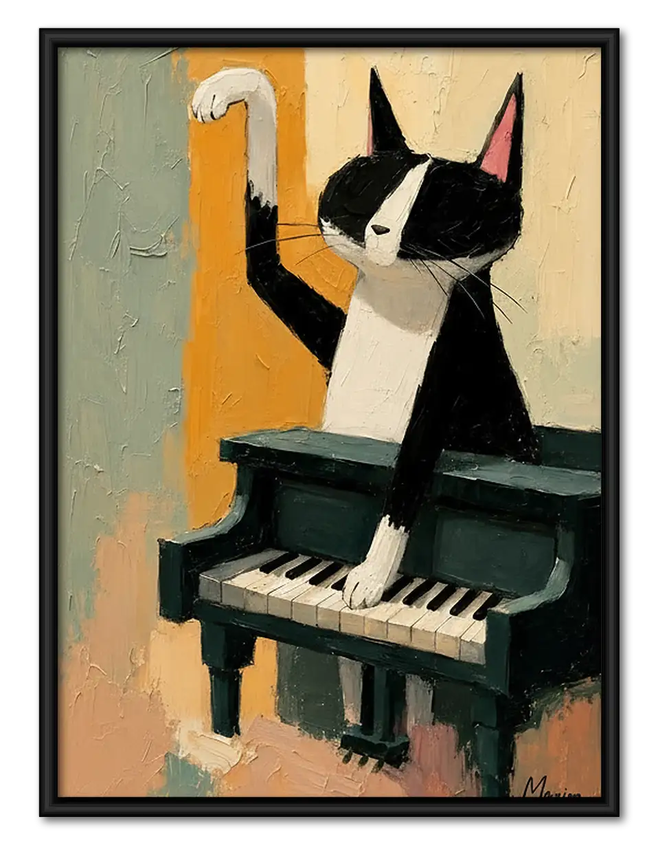 Black and White Cat Playing Piano Wall Art 1