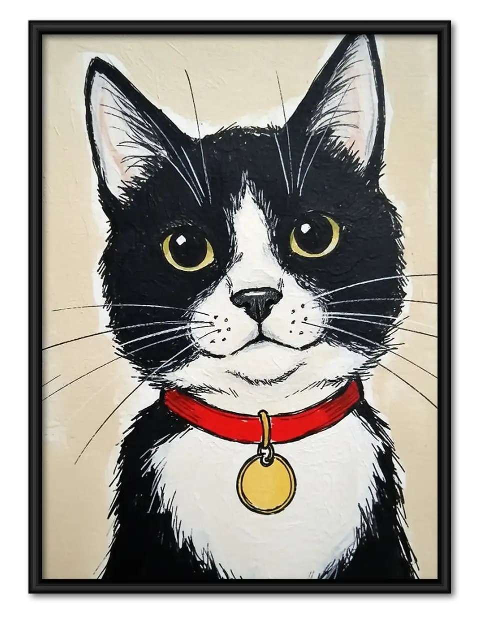 Black and White Cat Portrait with Red Collar Wall Art 1