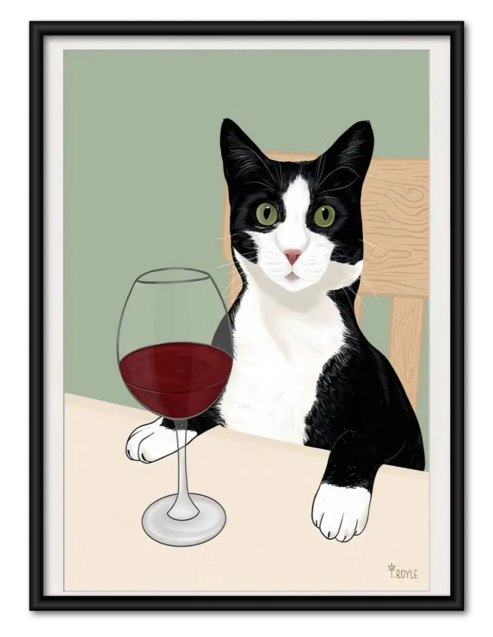 Black and White Cat with Red Wine Wall Art 1