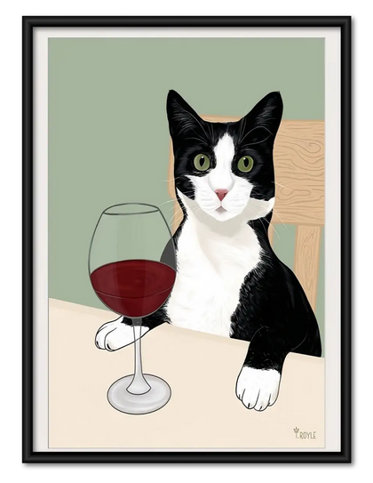 Black and White Cat with Red Wine Wall Art