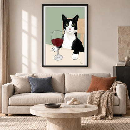 Black and White Cat with Red Wine Wall Art 2