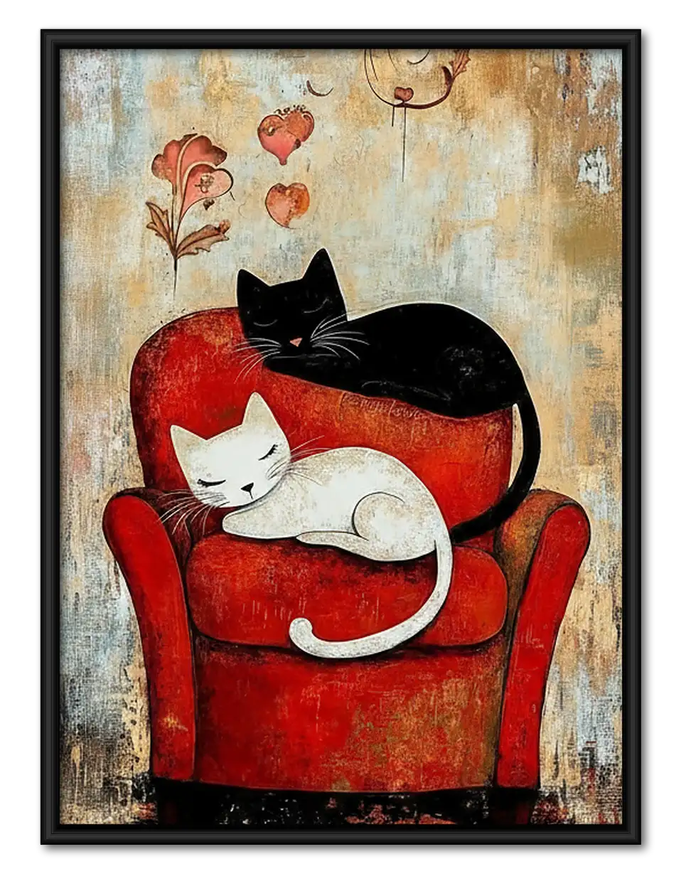 Black and White Cats on Red Chair Wall Art 1