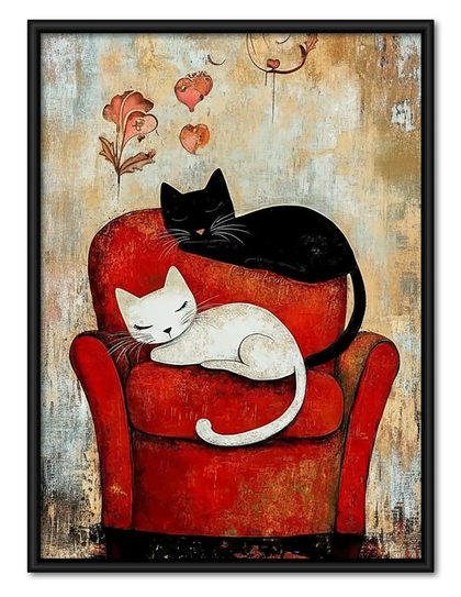 Black and White Cats on Red Chair Wall Art