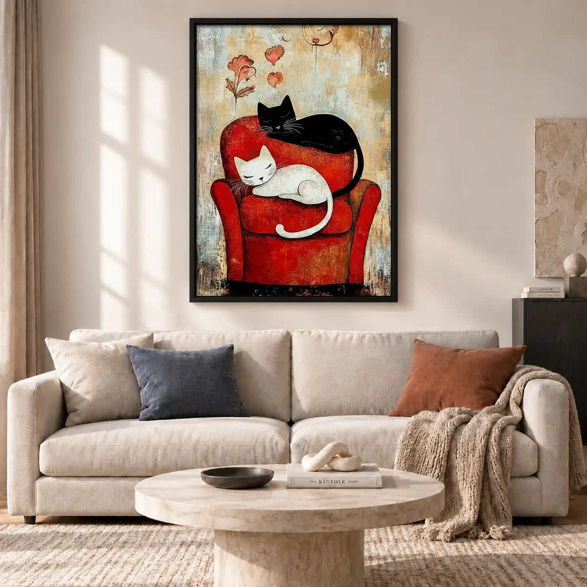 Black and White Cats on Red Chair Wall Art 2