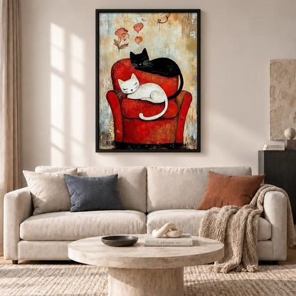 Black and White Cats on Red Chair Wall Art 2