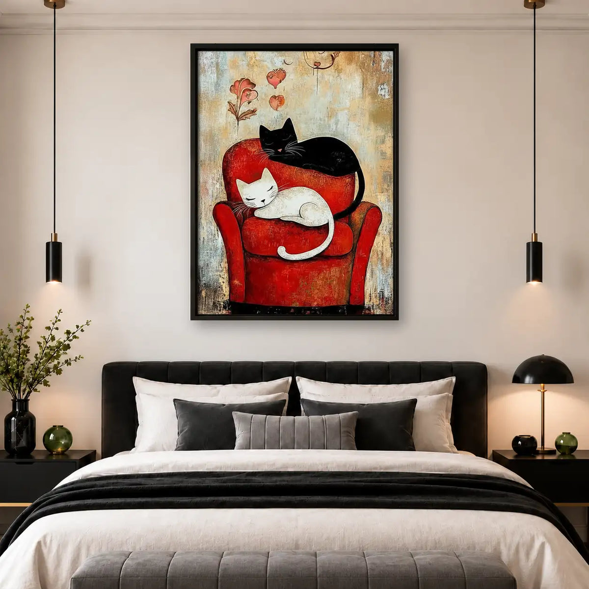 Black and White Cats on Red Chair Wall Art 4