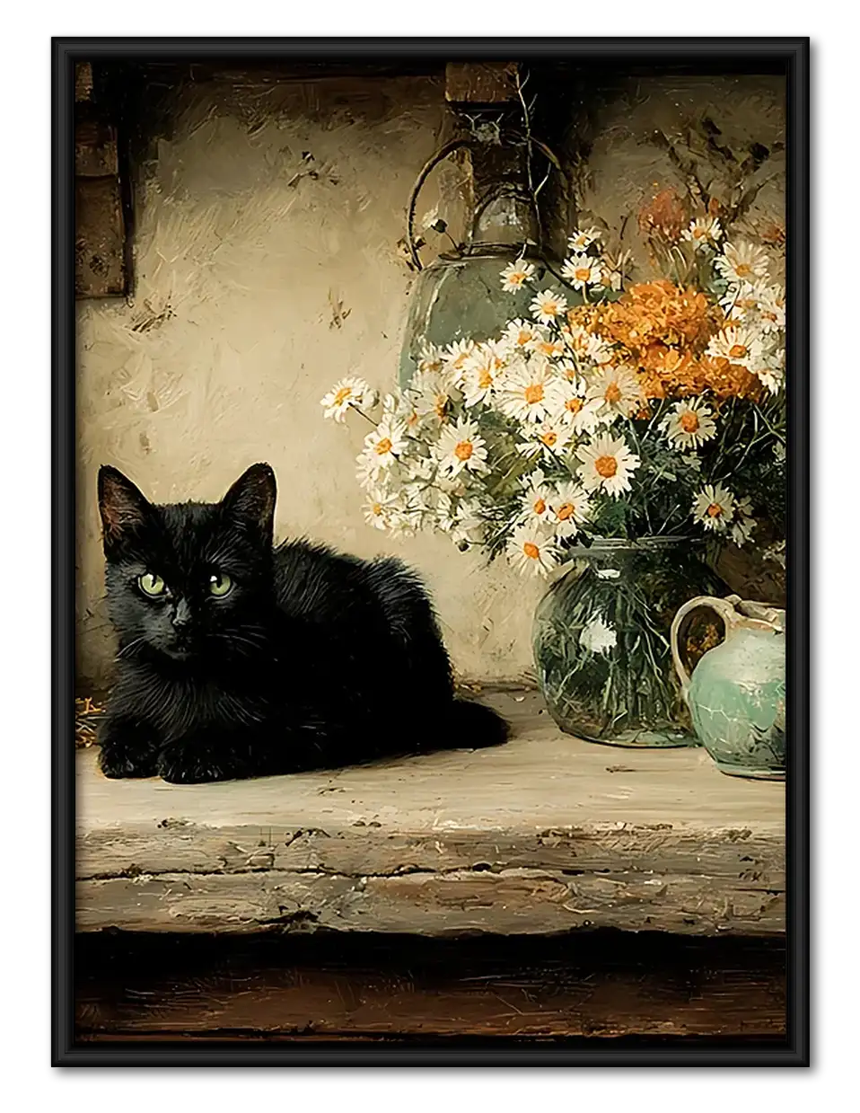 Black Cat and White Flower Still Life Wall Art 1