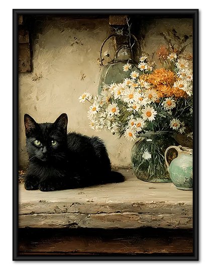 Black Cat and White Flower Still Life Wall Art