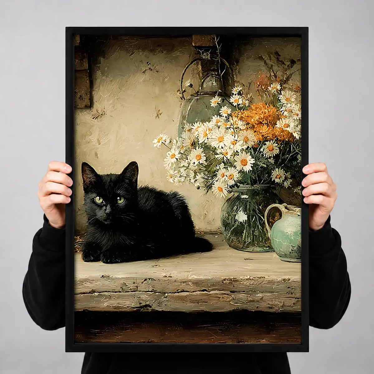 Black Cat and White Flower Still Life Wall Art 3