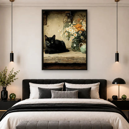 Black Cat and White Flower Still Life Wall Art 4