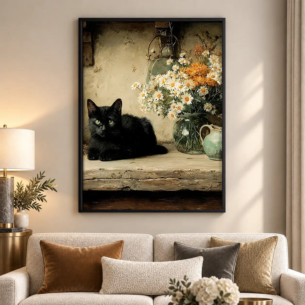 Black Cat and White Flower Still Life Wall Art 5