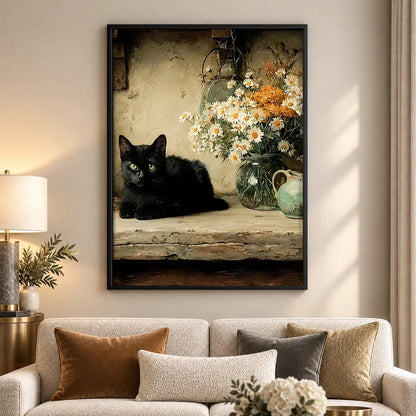 Black Cat and White Flower Still Life Wall Art 5