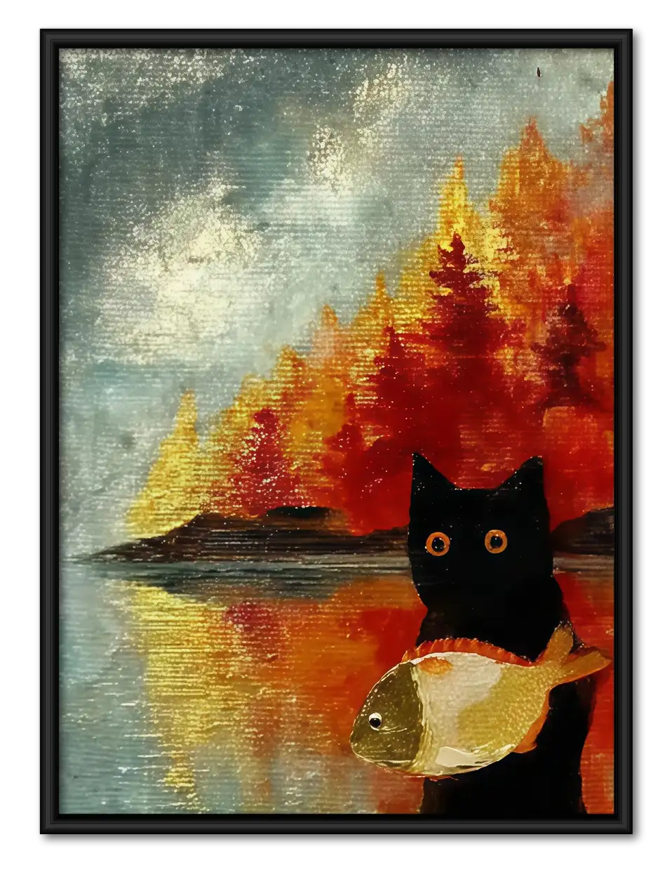 Black Cat at Autumn Lake Window Wall Art 1