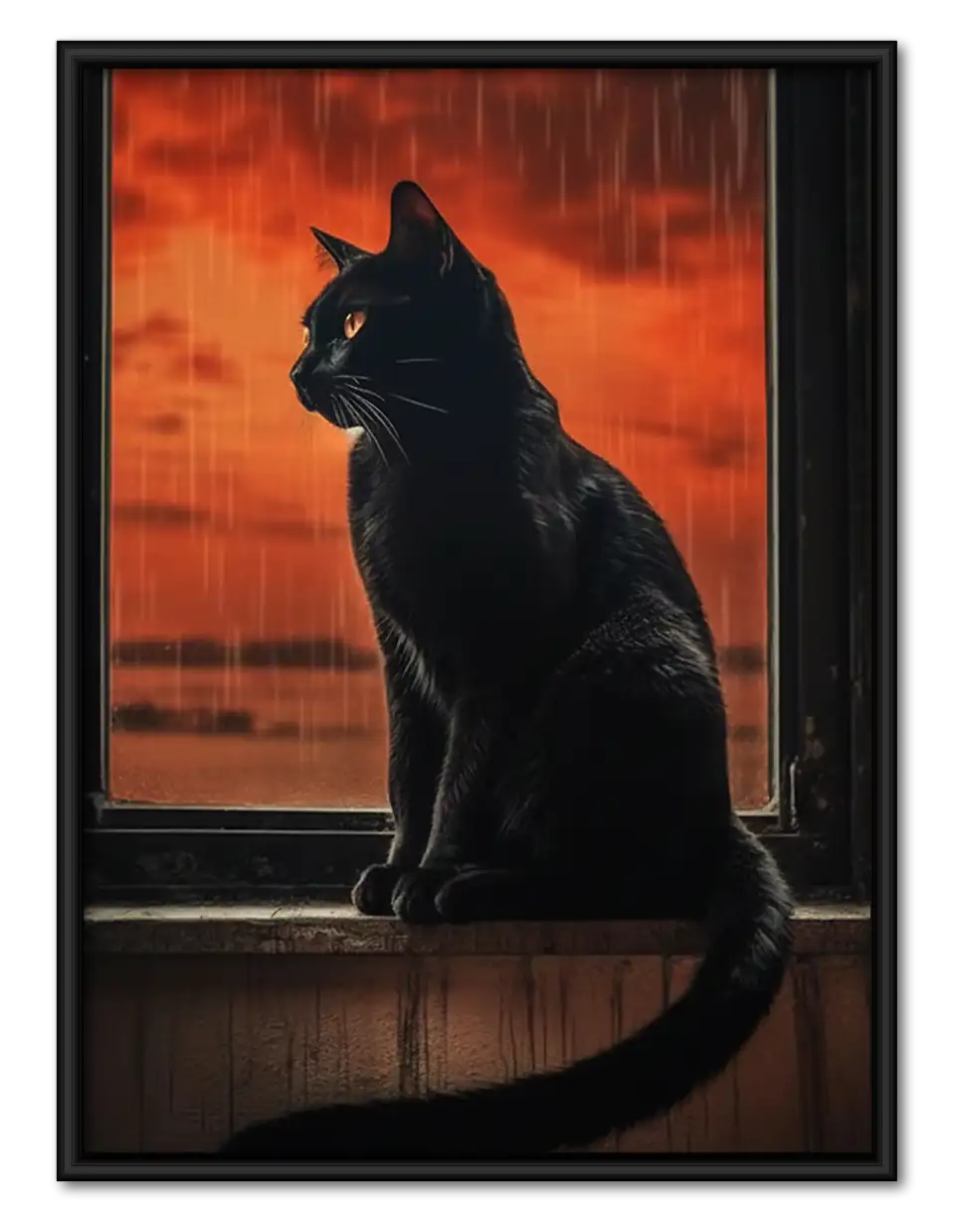 Black Cat at Fiery Sunset Window Wall Art 1