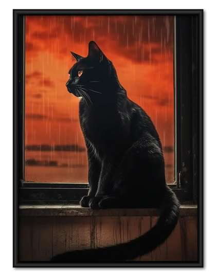 Black Cat at Fiery Sunset Window Wall Art