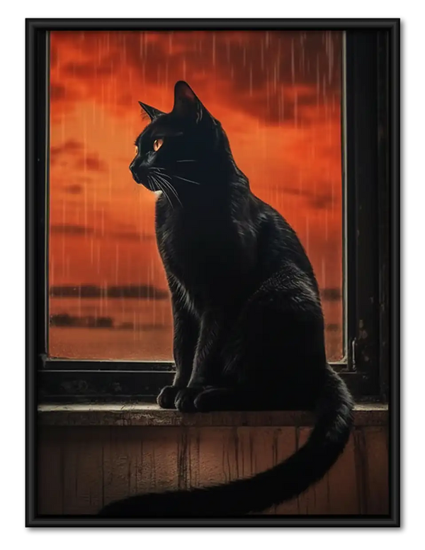 Black Cat at Fiery Sunset Window Wall Art