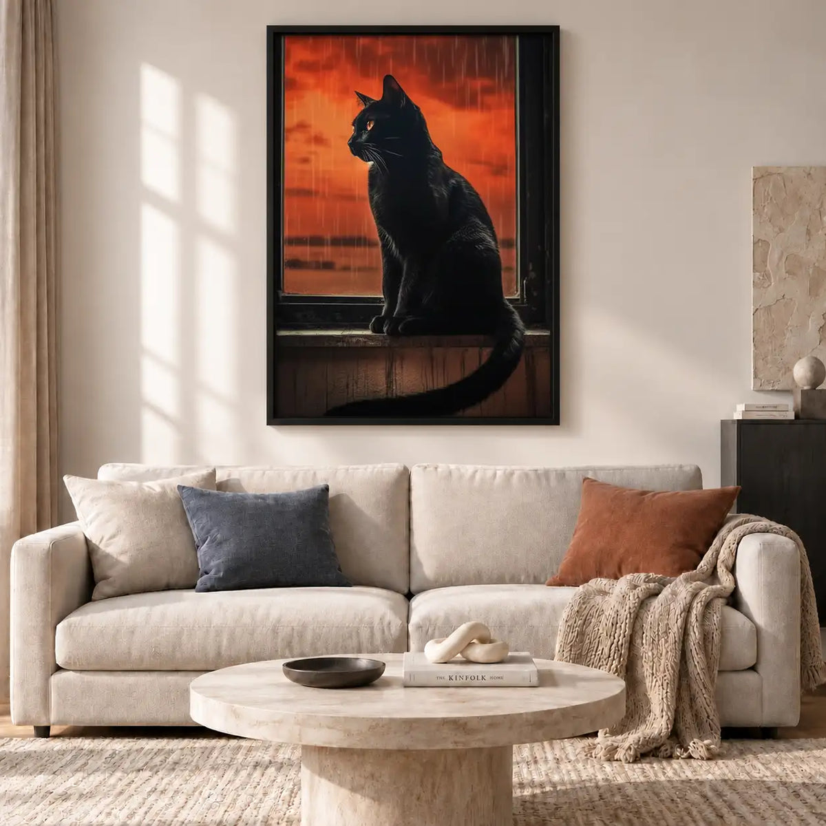 Black Cat at Fiery Sunset Window Wall Art 2