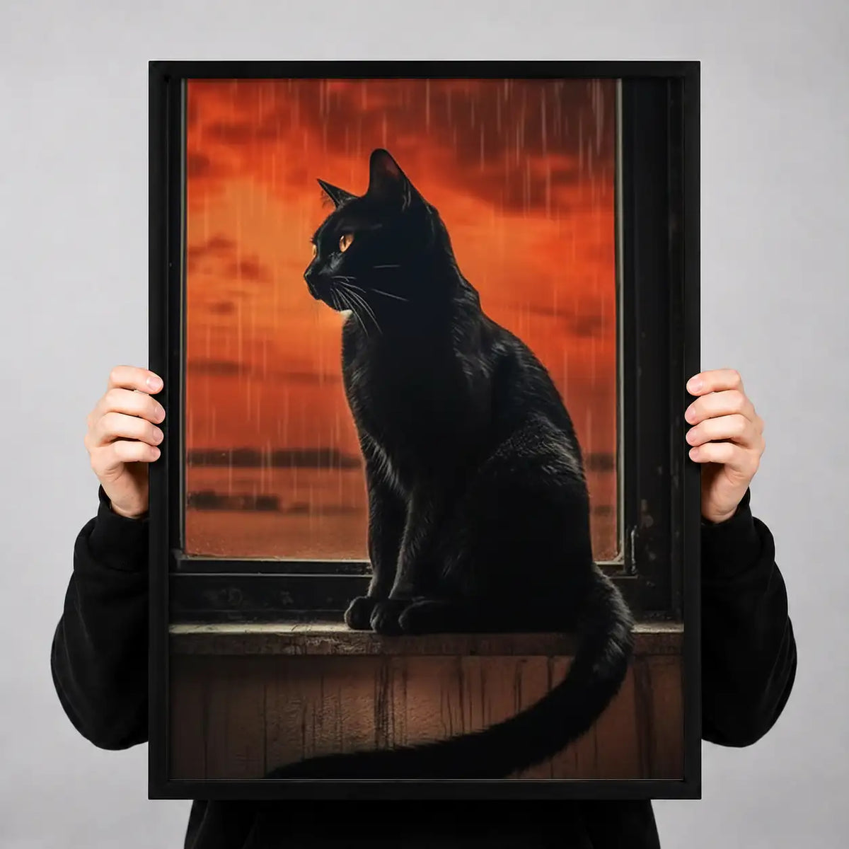 Black Cat at Fiery Sunset Window Wall Art 3