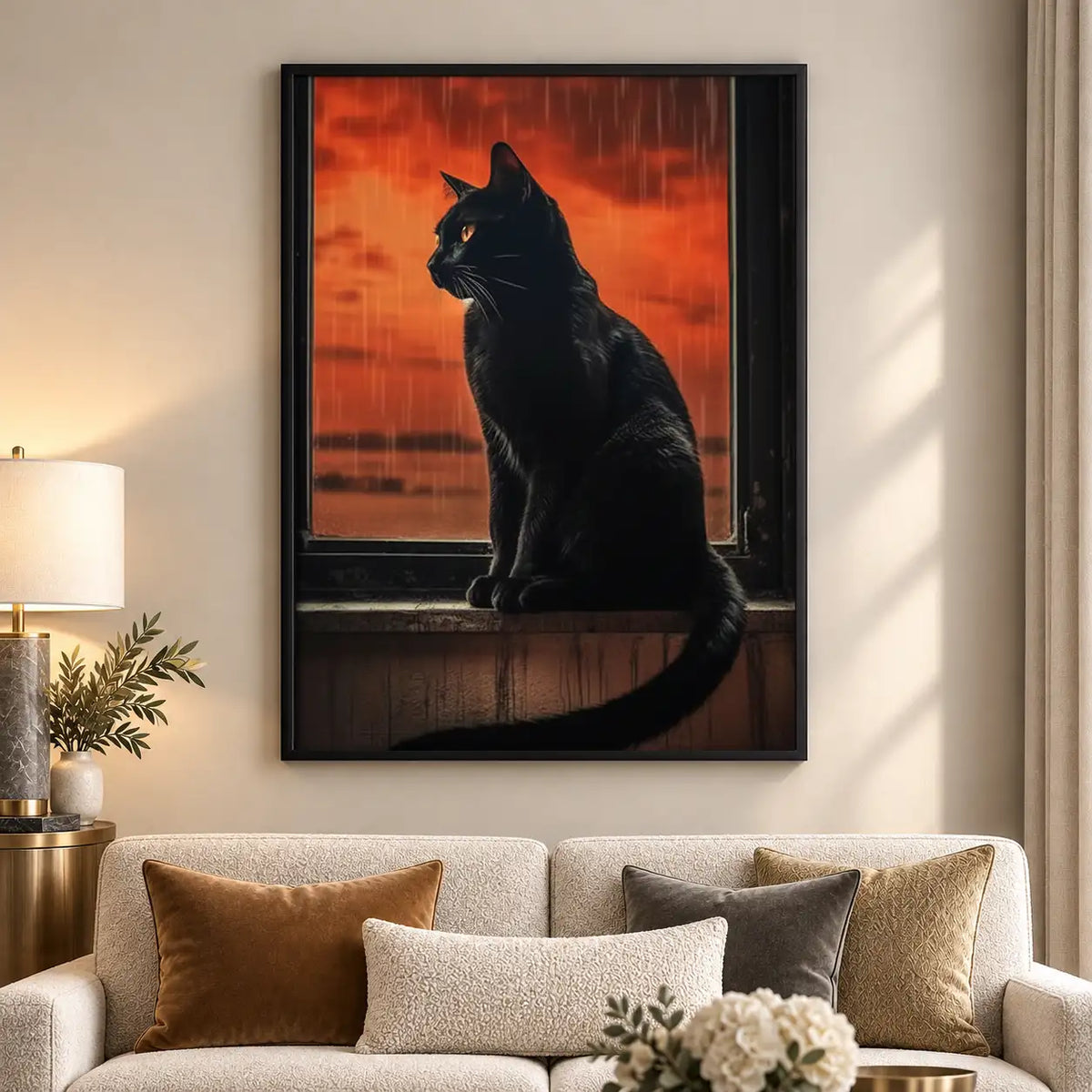Black Cat at Fiery Sunset Window Wall Art 5