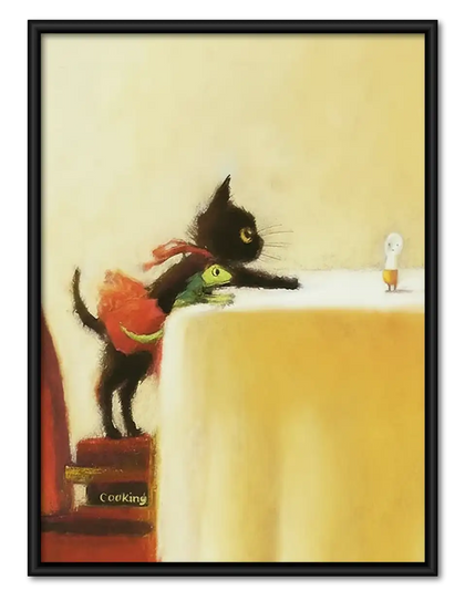 Black Cat at Fine Dining Table Wall Art