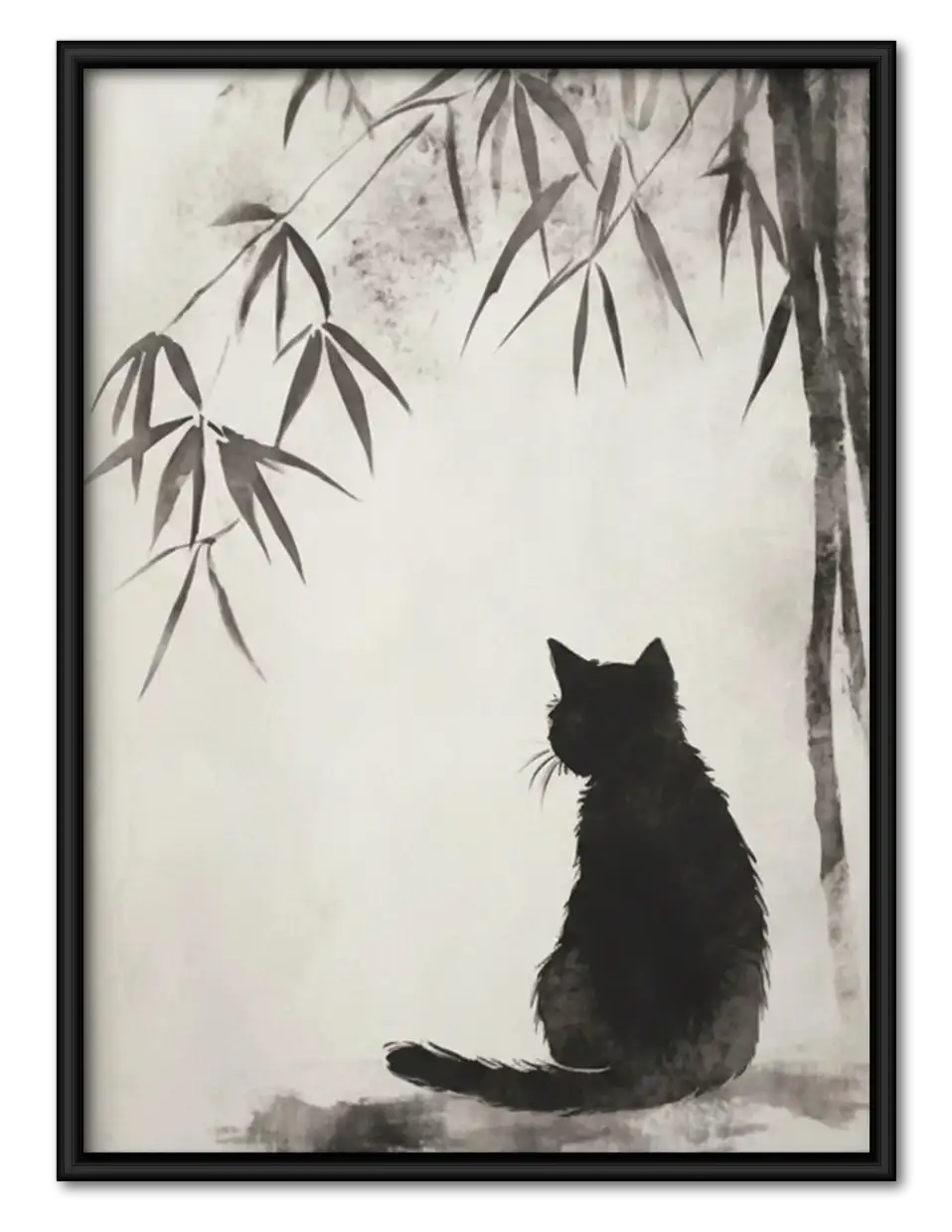 Black Cat beneath Bamboo Branch Wall Art 1