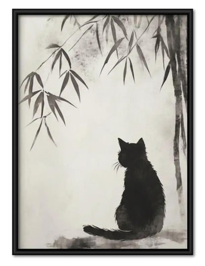 Black Cat beneath Bamboo Branch Wall Art 1