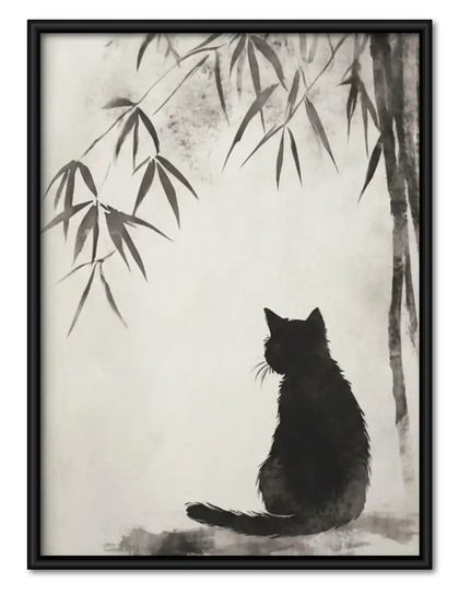 Black Cat beneath Bamboo Branch Wall Art