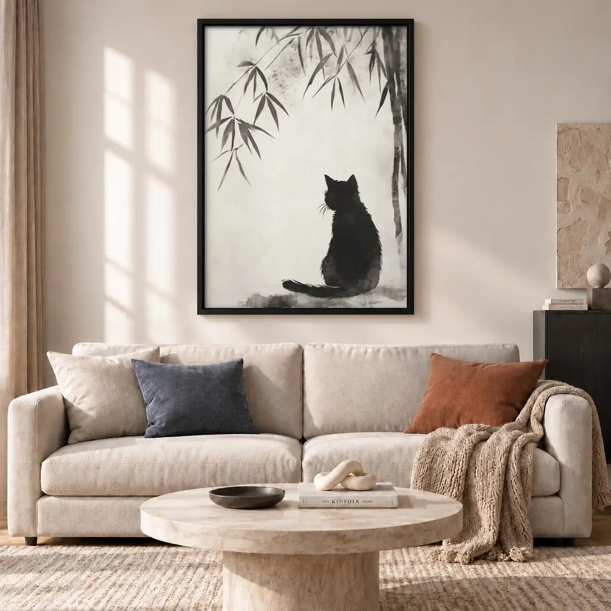 Black Cat beneath Bamboo Branch Wall Art 2