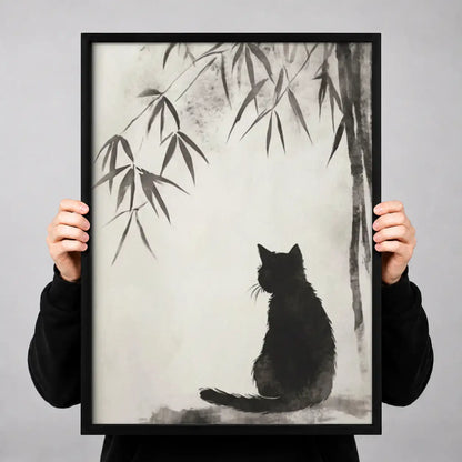 Black Cat beneath Bamboo Branch Wall Art 3