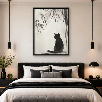 Black Cat beneath Bamboo Branch Wall Art 4