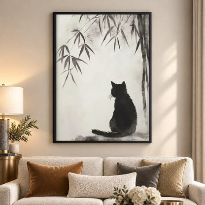 Black Cat beneath Bamboo Branch Wall Art 5