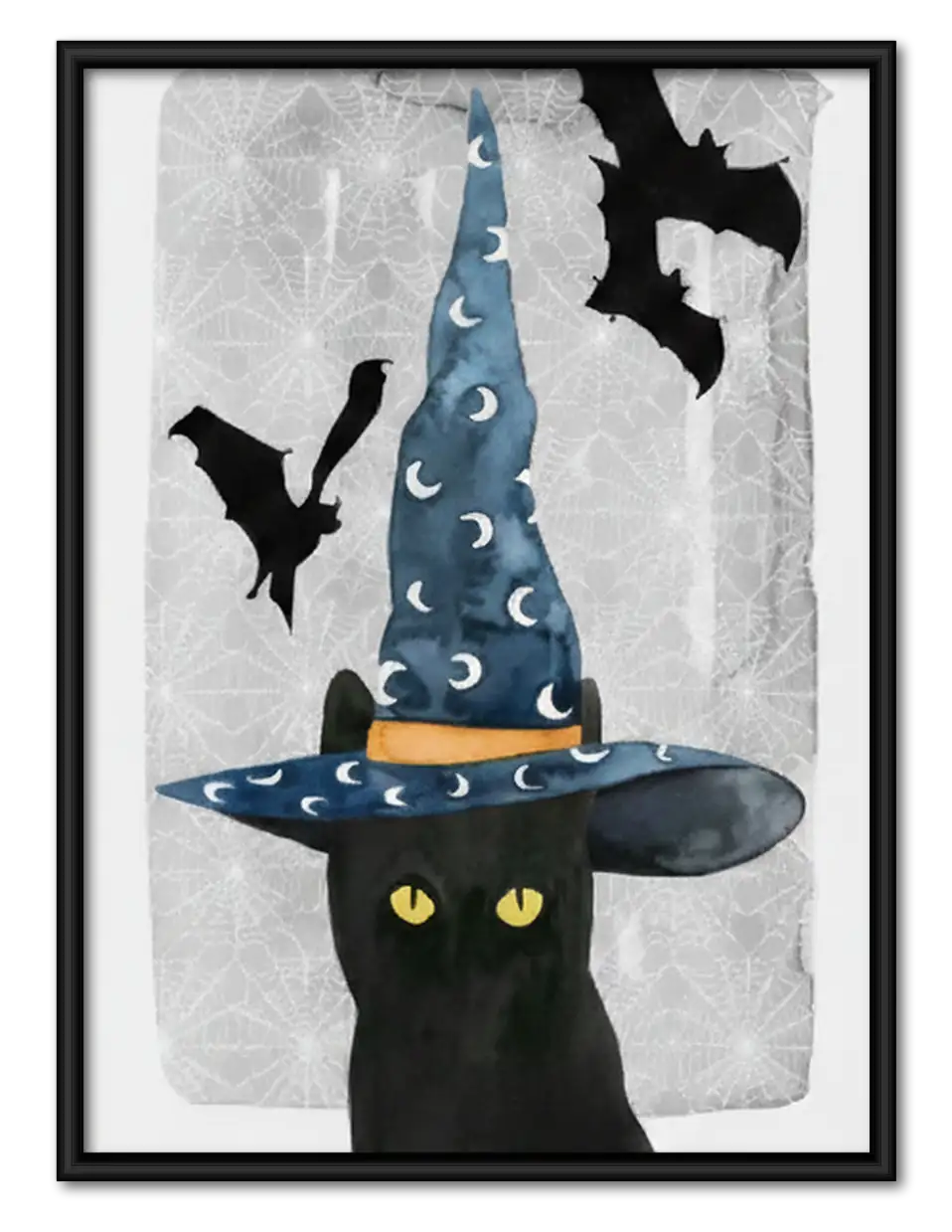 Black Cat beneath Blue Witch Hat Wall Art 1