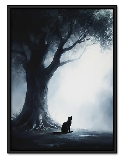 Black Cat beneath Dark Twisted Tree Wall Art