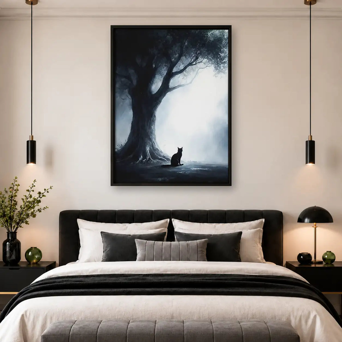 Black Cat beneath Dark Twisted Tree Wall Art 4