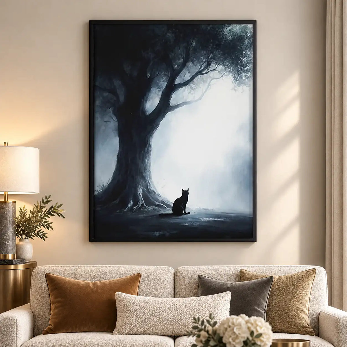 Black Cat beneath Dark Twisted Tree Wall Art 5