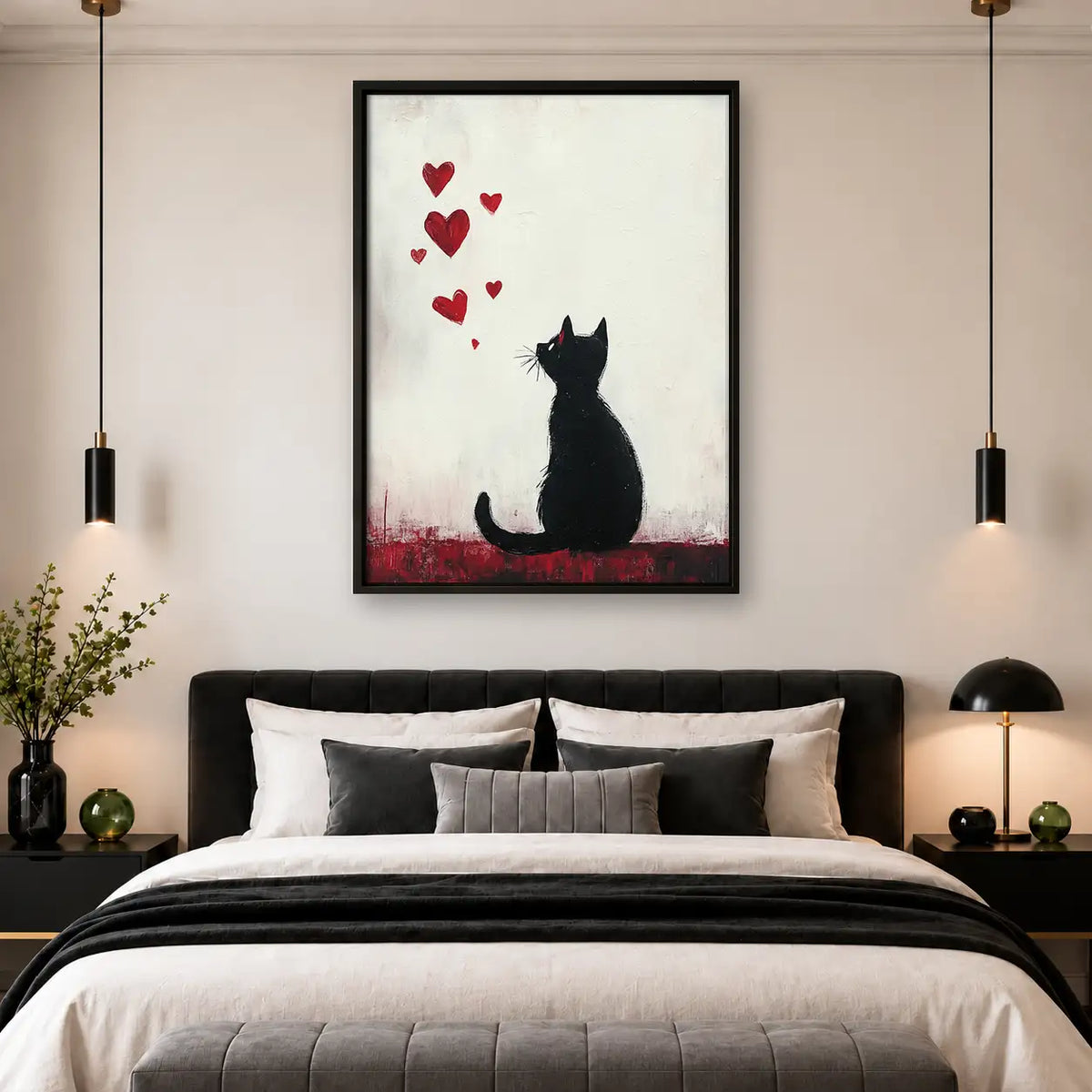 Black Cat beneath Floating Hearts Wall Art 4