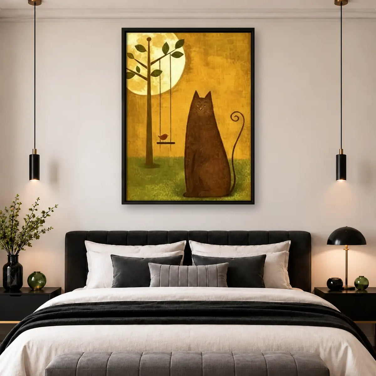 Black Cat Beneath Golden Moon Tree Wall Art 4