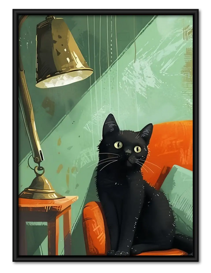 Black Cat beneath Green Desk Lamp Wall Art 1