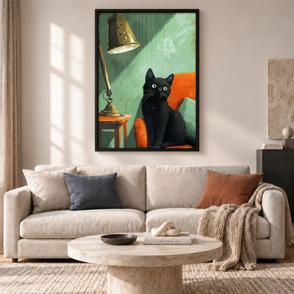 Black Cat beneath Green Desk Lamp Wall Art 2