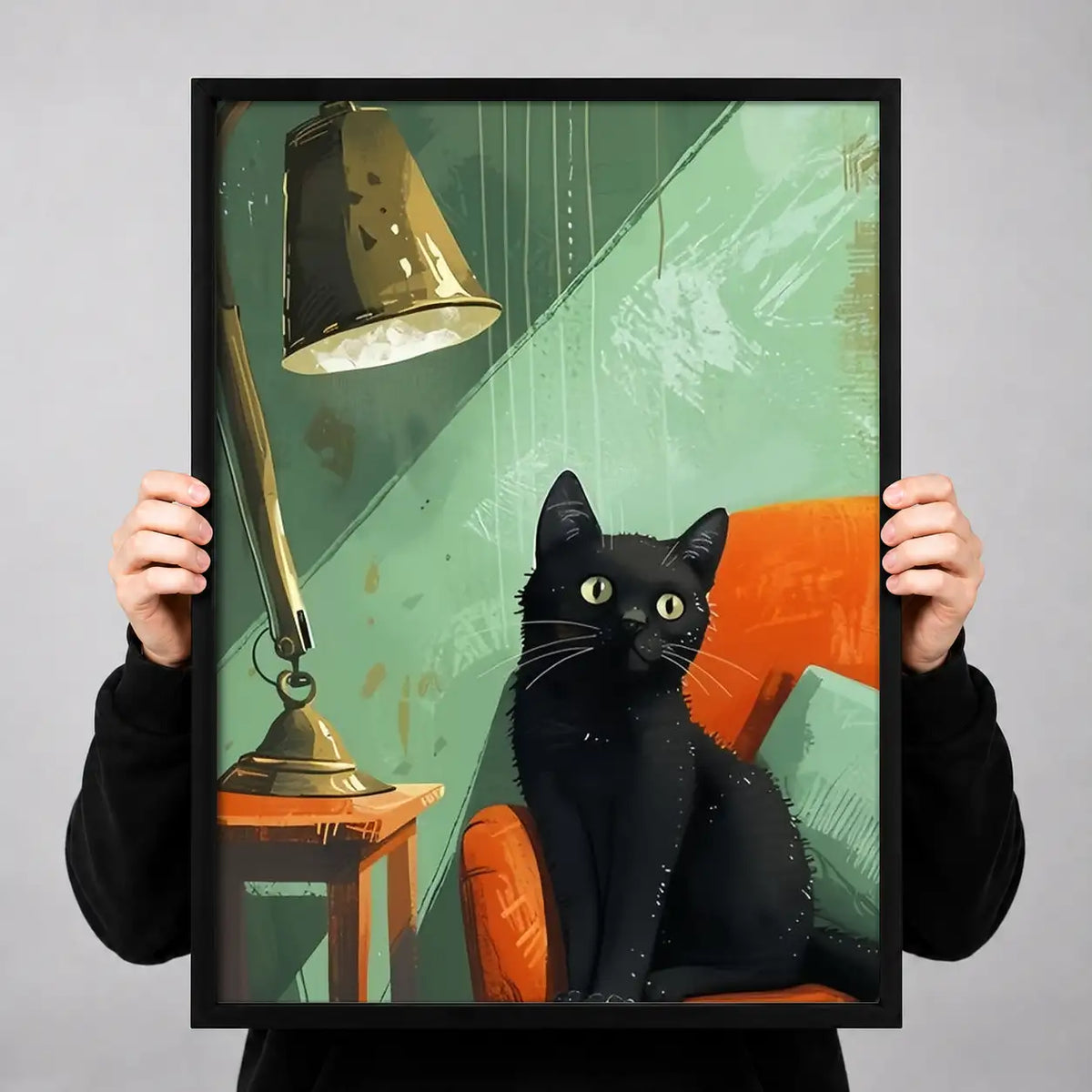 Black Cat beneath Green Desk Lamp Wall Art 3