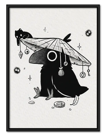 Black Cat Beneath Tiny Umbrella Wall Art 1